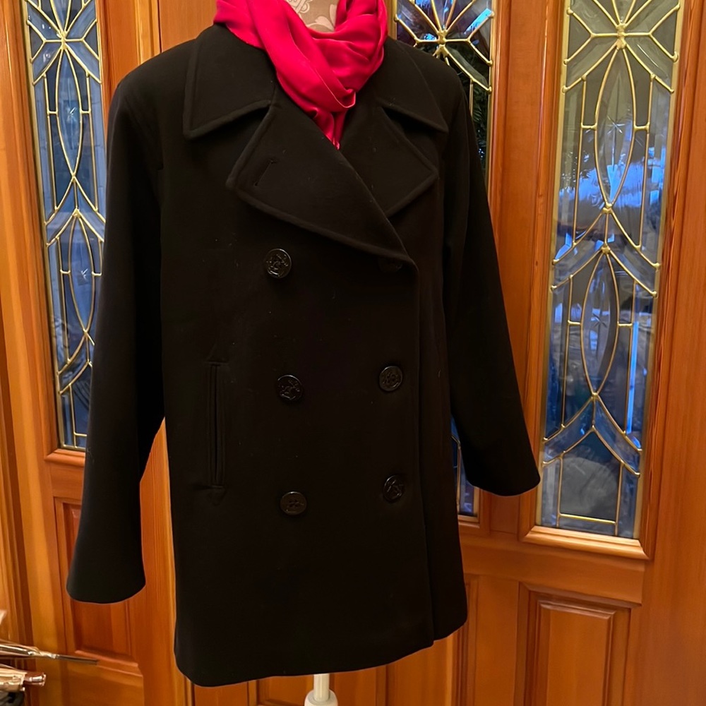 J PERCY WOOL PEA COAT 100% FINE MERINO BLACK WOOL LIKE NEW LUXURY BRAND SZ 10